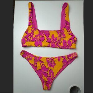 NWOT Roxy Reversible Top Square Neck Floral Print Pink Bikini - L/XL
